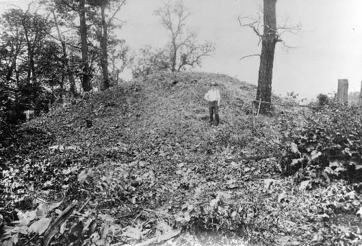 Frank M. Gerrodette, leader of Carnegie Museum excavation, stands on the mound in 1896