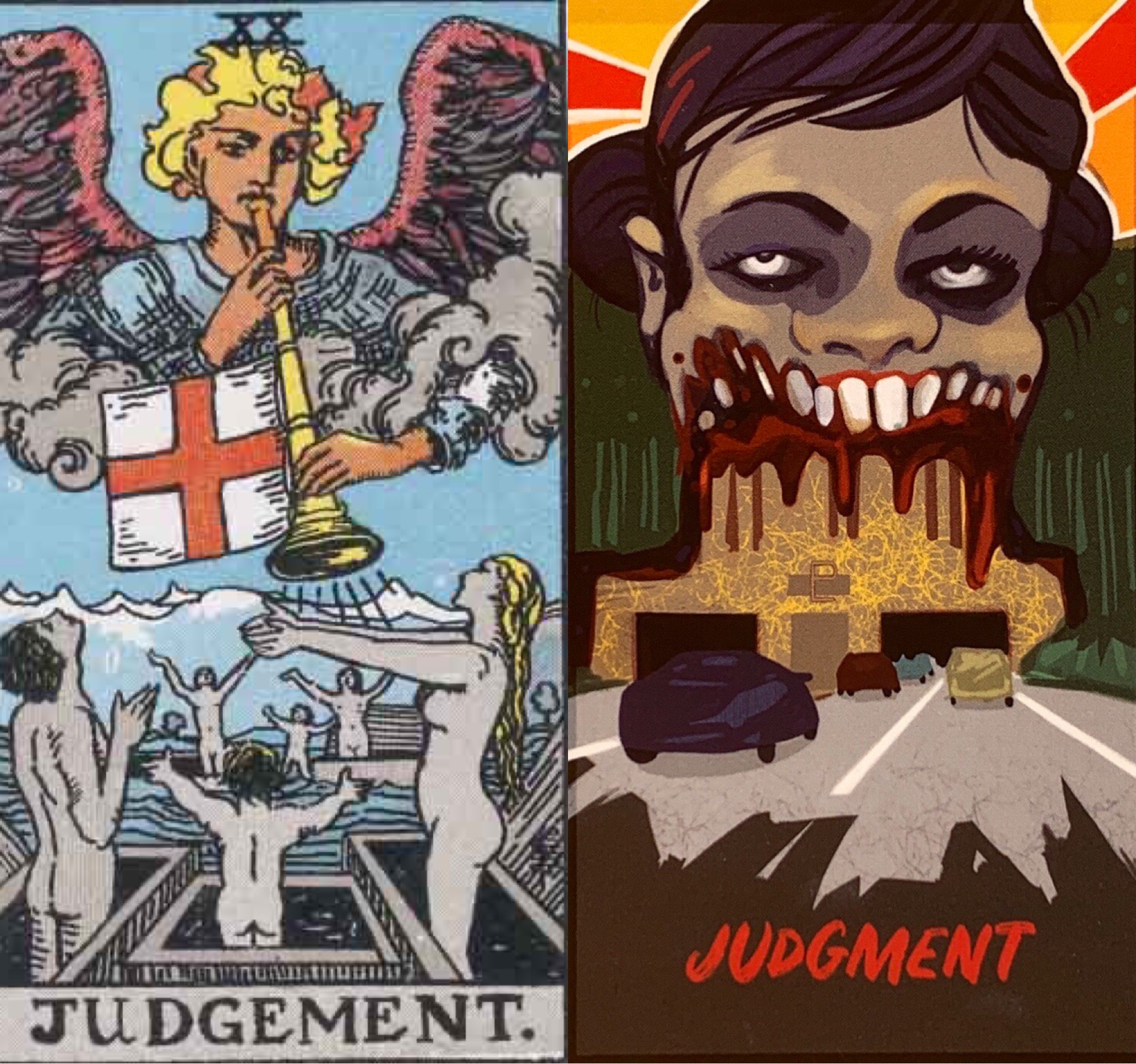 Judgement cards side by side. One is traditional with angelic figure and one is a zombie over a tunnel