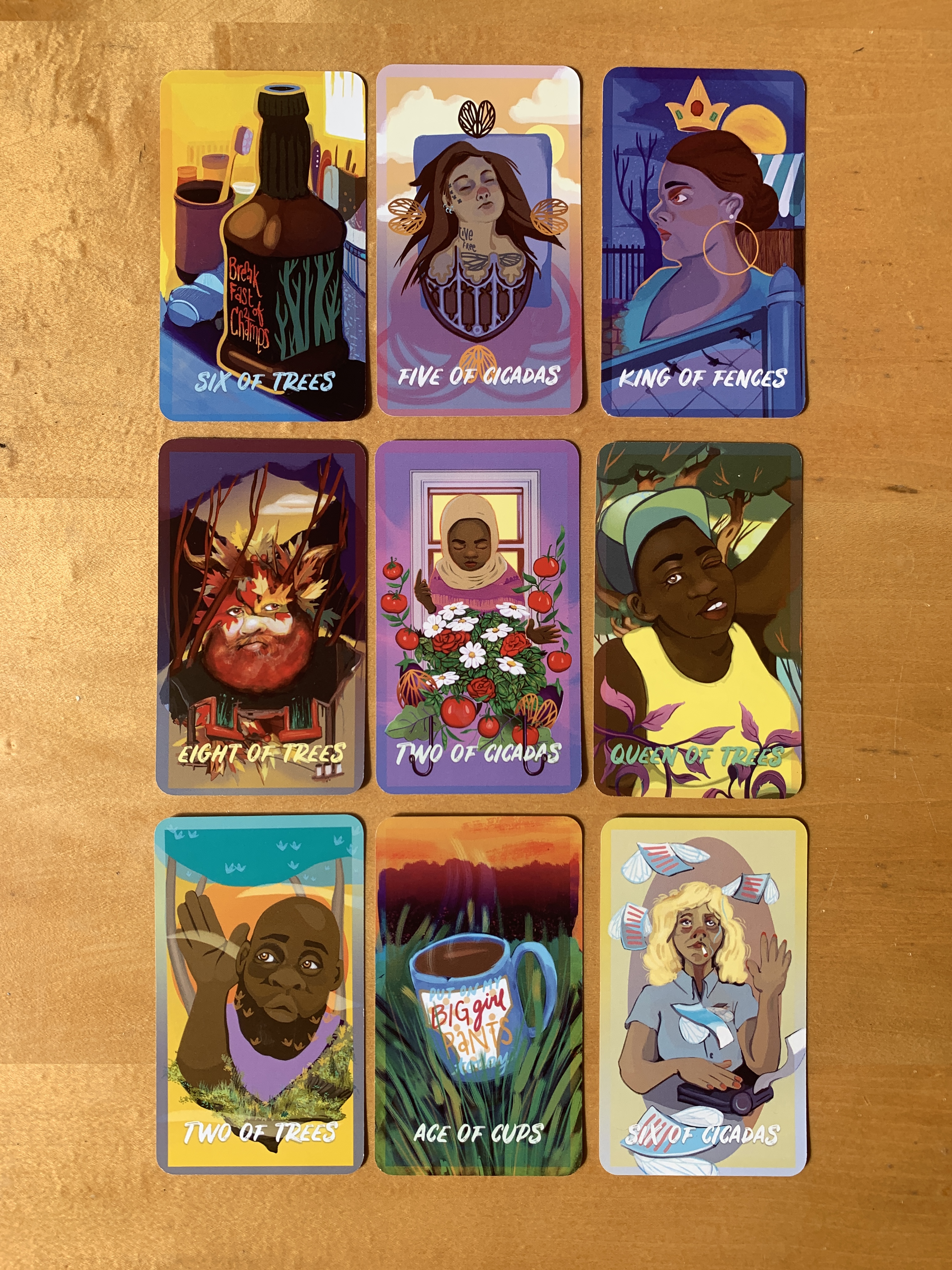 nine colorful tarot cards