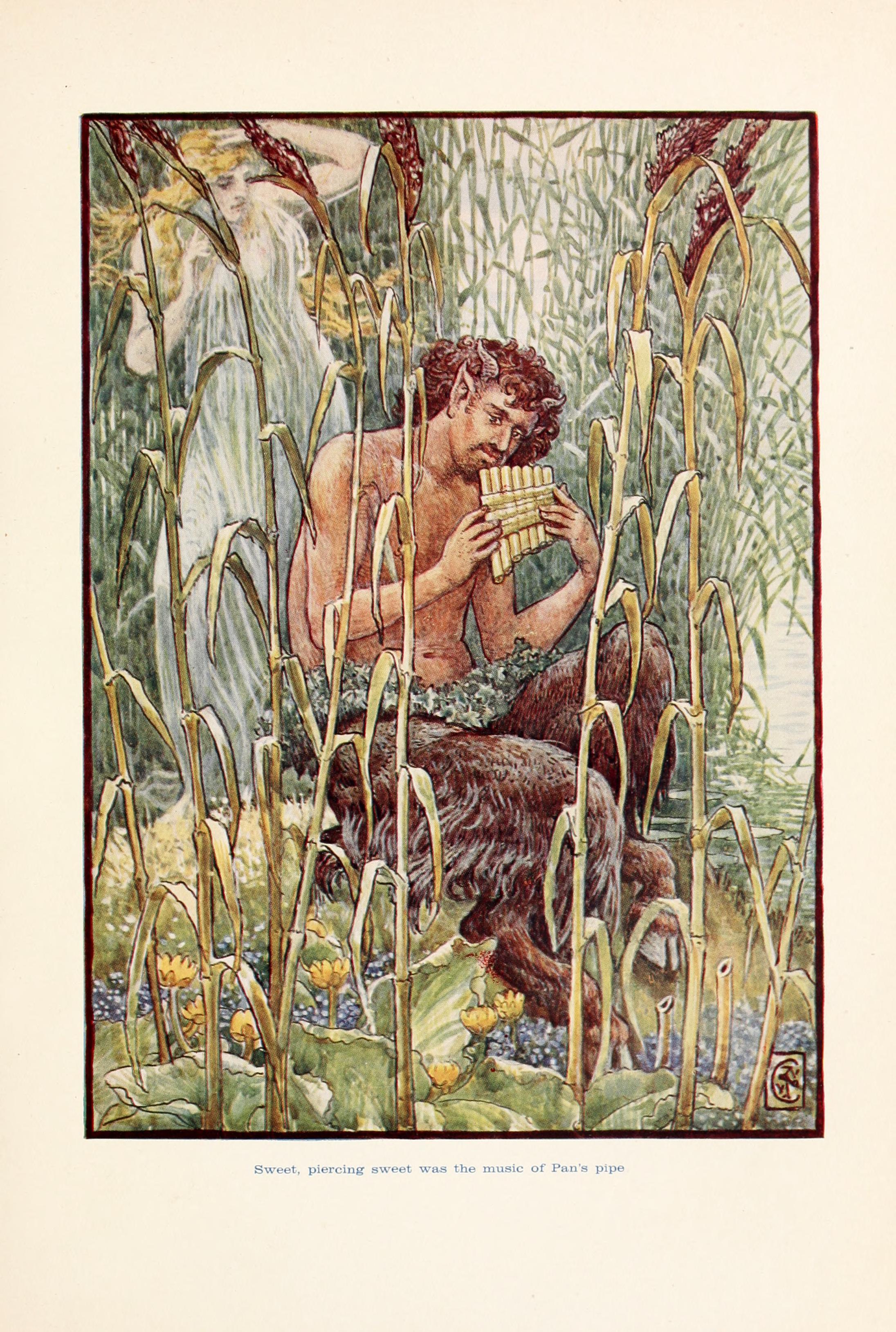 illustration of pan, a man with a flute, hooves, and pointy ears with a nymph, a woman, in the background