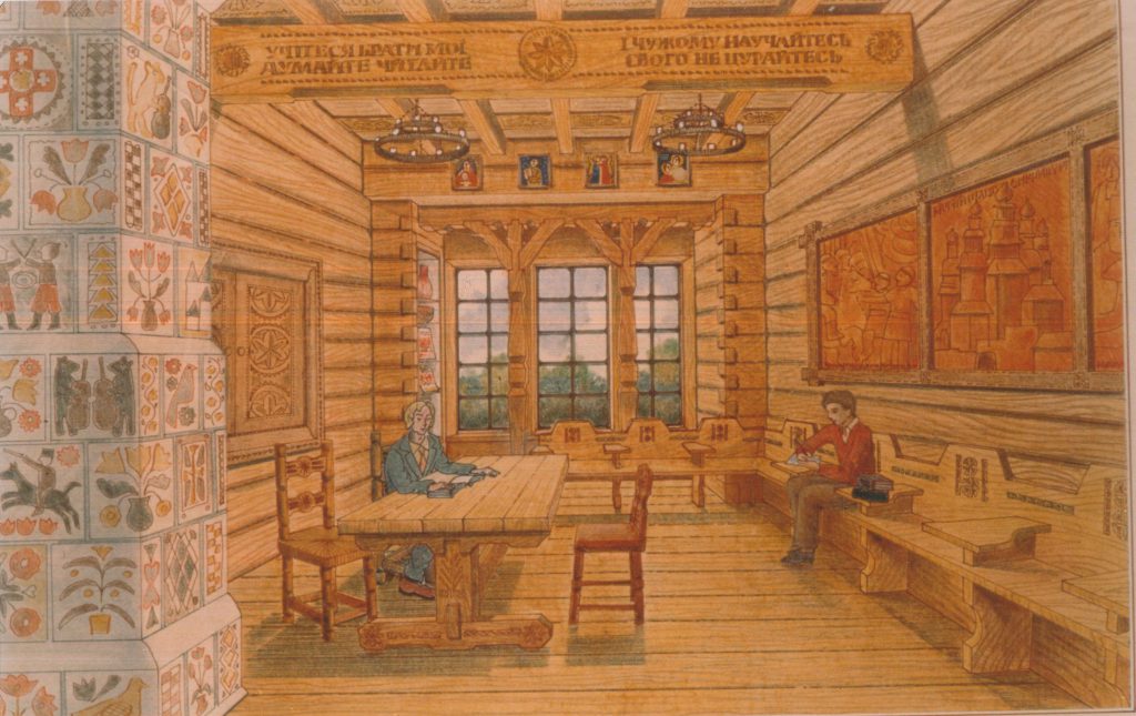sketch of all wooden room with two people sitting inside and windows in the background